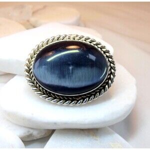 VTG  Sterling Silver Black Moonstone Larvikite Pendant or Brooch Handmade